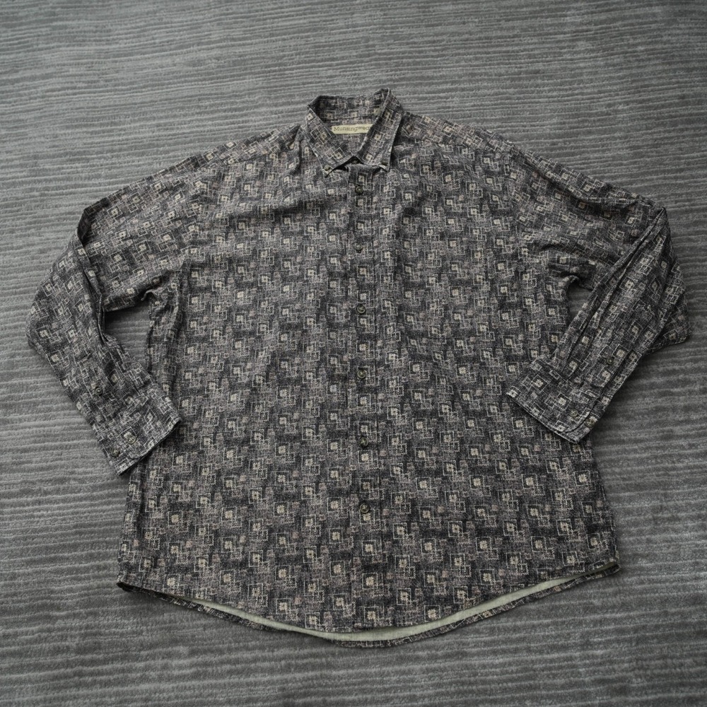 Munsingwear Shirt Men Button Down Brown Long Sleeve Geometric Print Casual Large